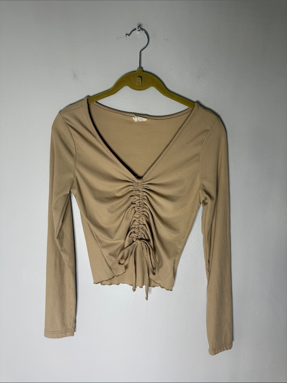 One Step Up Beige Ruched Front Long-Sleeve Top Medium